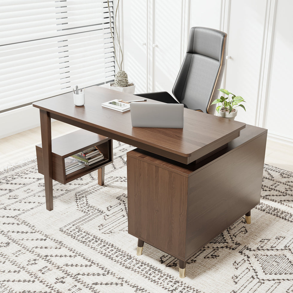 HMR - Ultic L Shaped Home Office Desk & Faux Leather Office Chair Set with Wheels