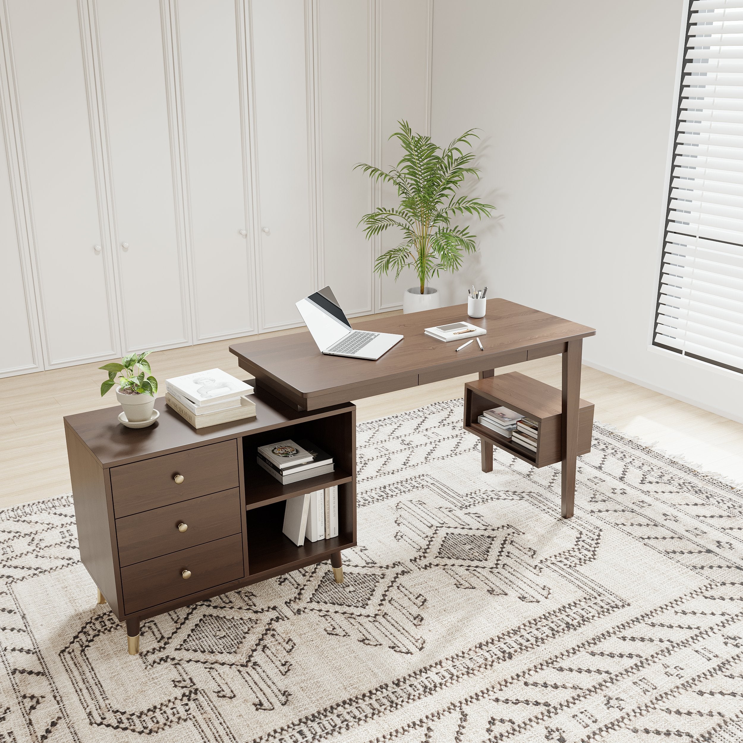 HMR - Ultic L Shaped Home Office Desk & Faux Leather Office Chair Set with Wheels