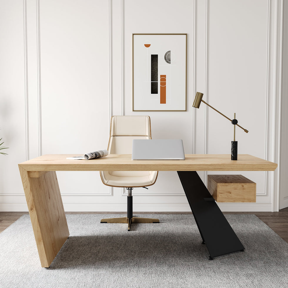 HMR - Industrial Wooden Writing Desk & Leather Office Chair Set