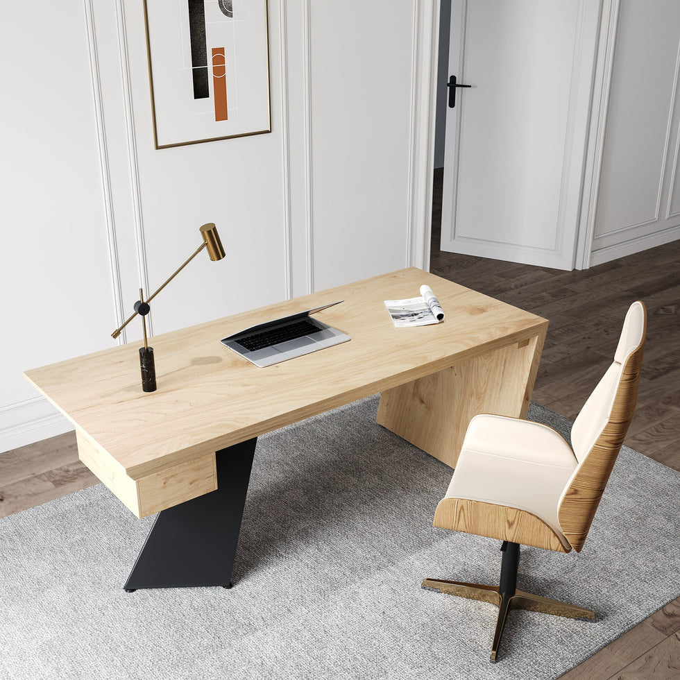 HMR - Industrial Wooden Writing Desk & Leather Office Chair Set