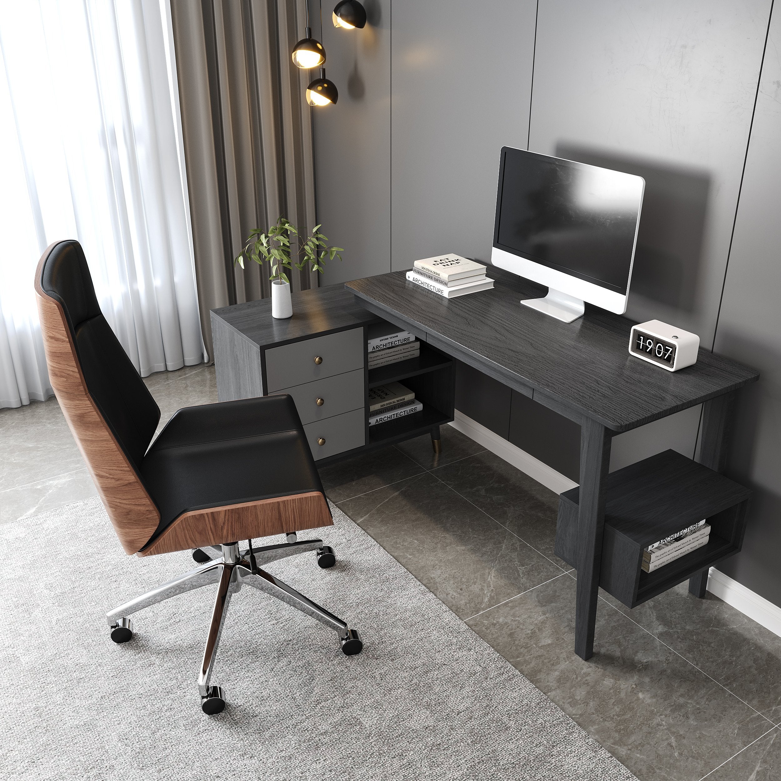 HMR - Ultic L Shaped Home Office Desk & Faux Leather Office Chair Set with Wheels
