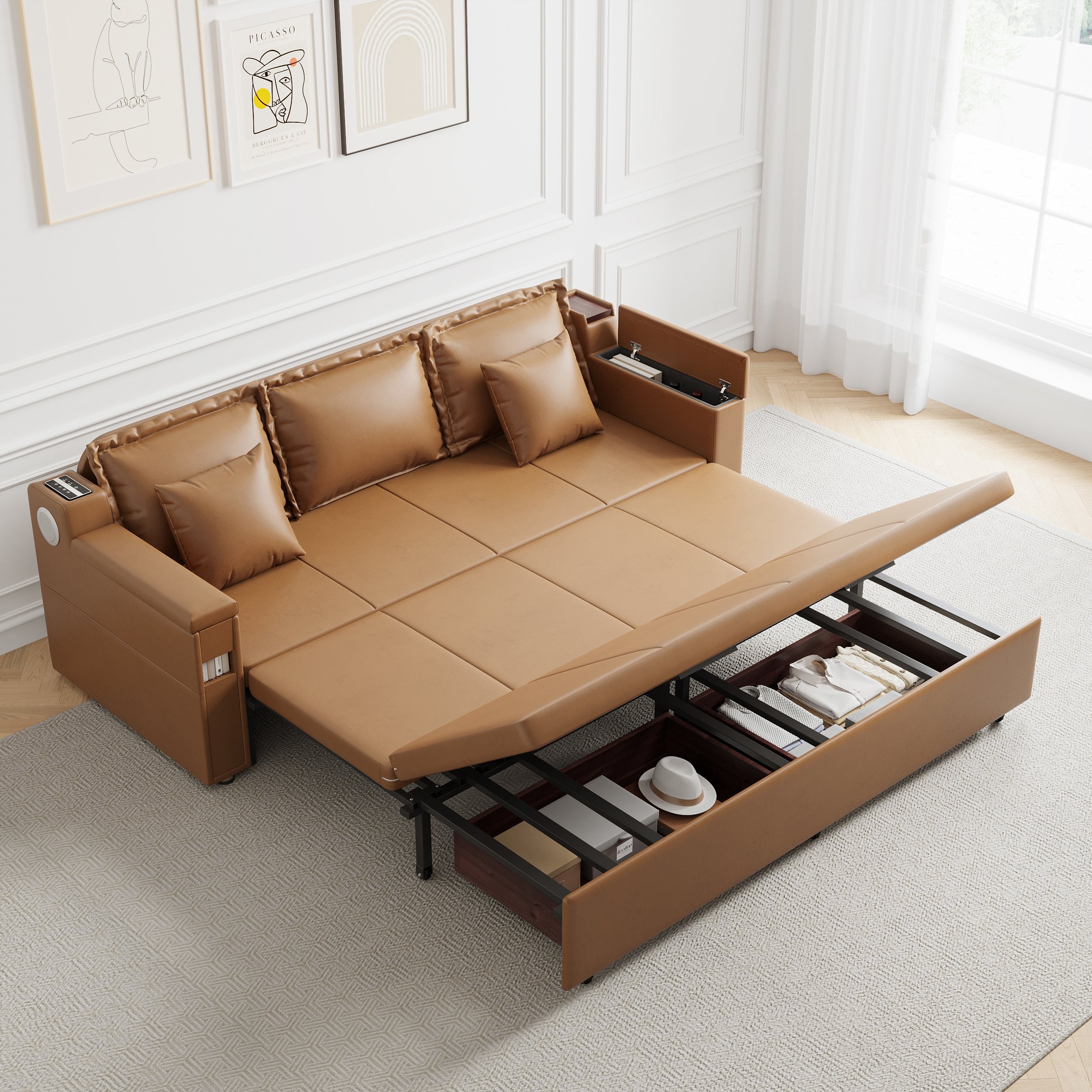 HMR - 83" King 3-Seater Leather Sleeper Sofa with Speaker & USB Ports