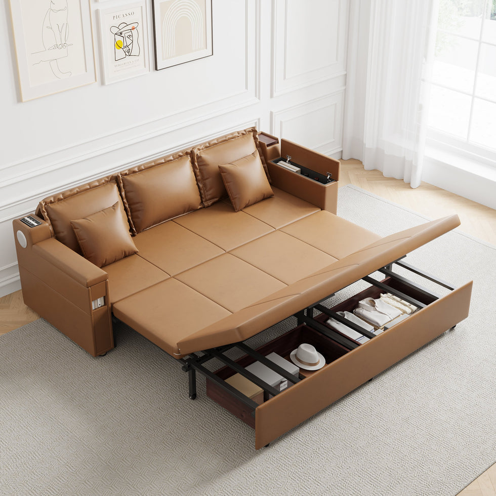 HMR - 83" King 3-Seater Leather Sleeper Sofa with Speaker & USB Ports