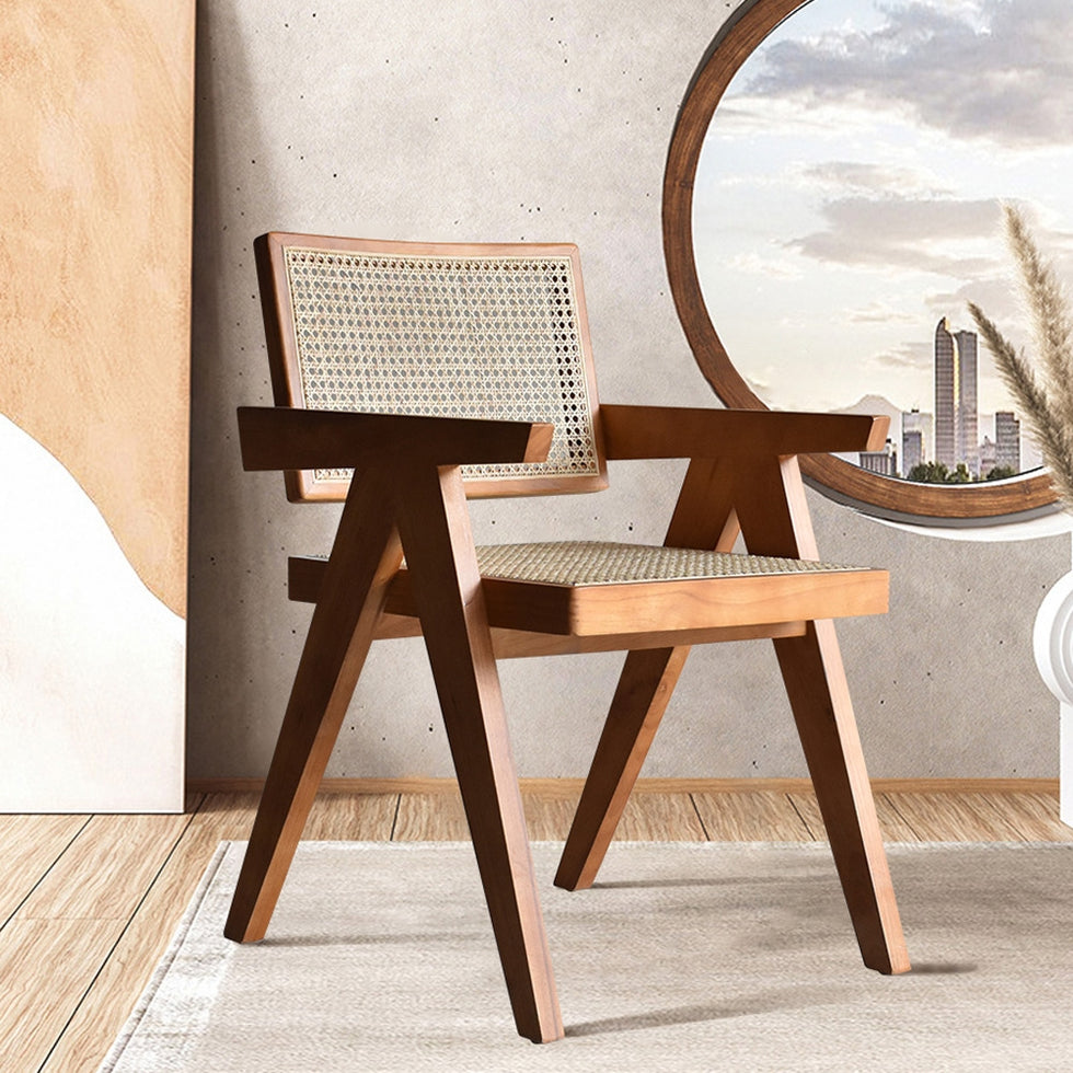HMR - Archic Japandi Bleached Wood Rattan Dining Chair with Solid Wood Frame