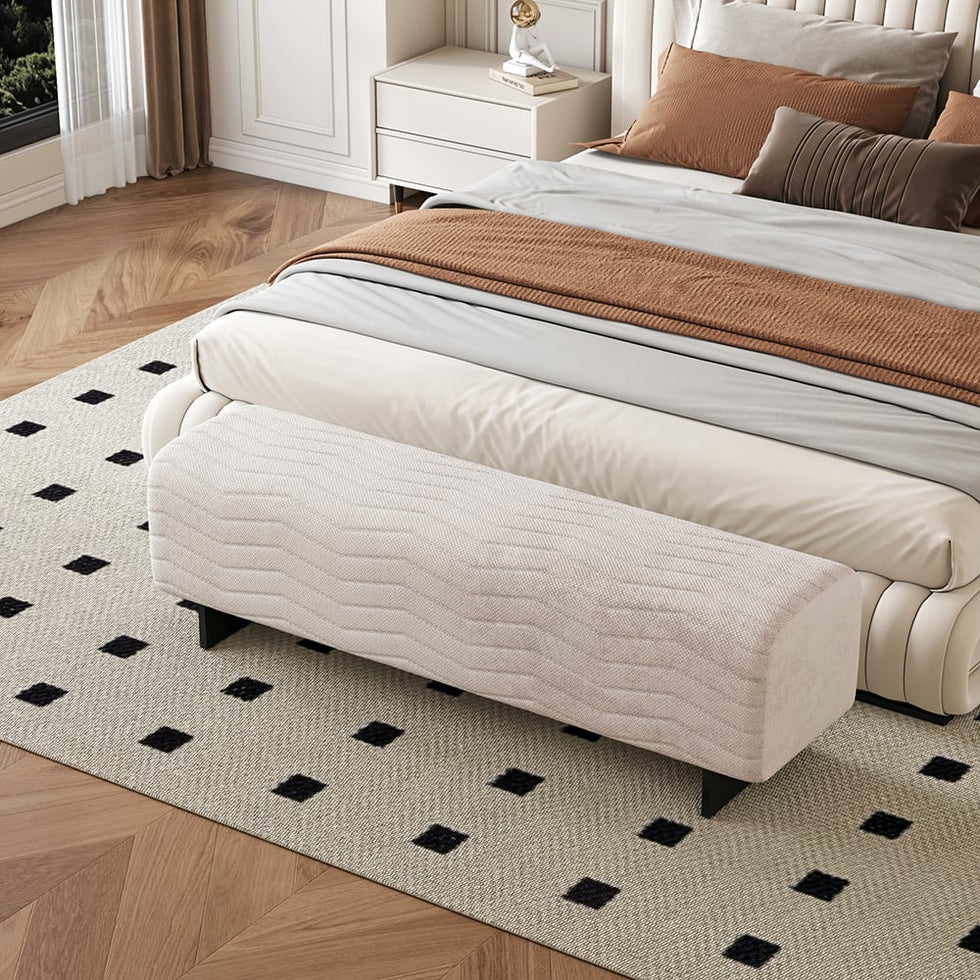 HMR - 57.5"W Modern Beige Knitted Velvet Upholstered Bedroom Bench with Stainless Steel Legs
