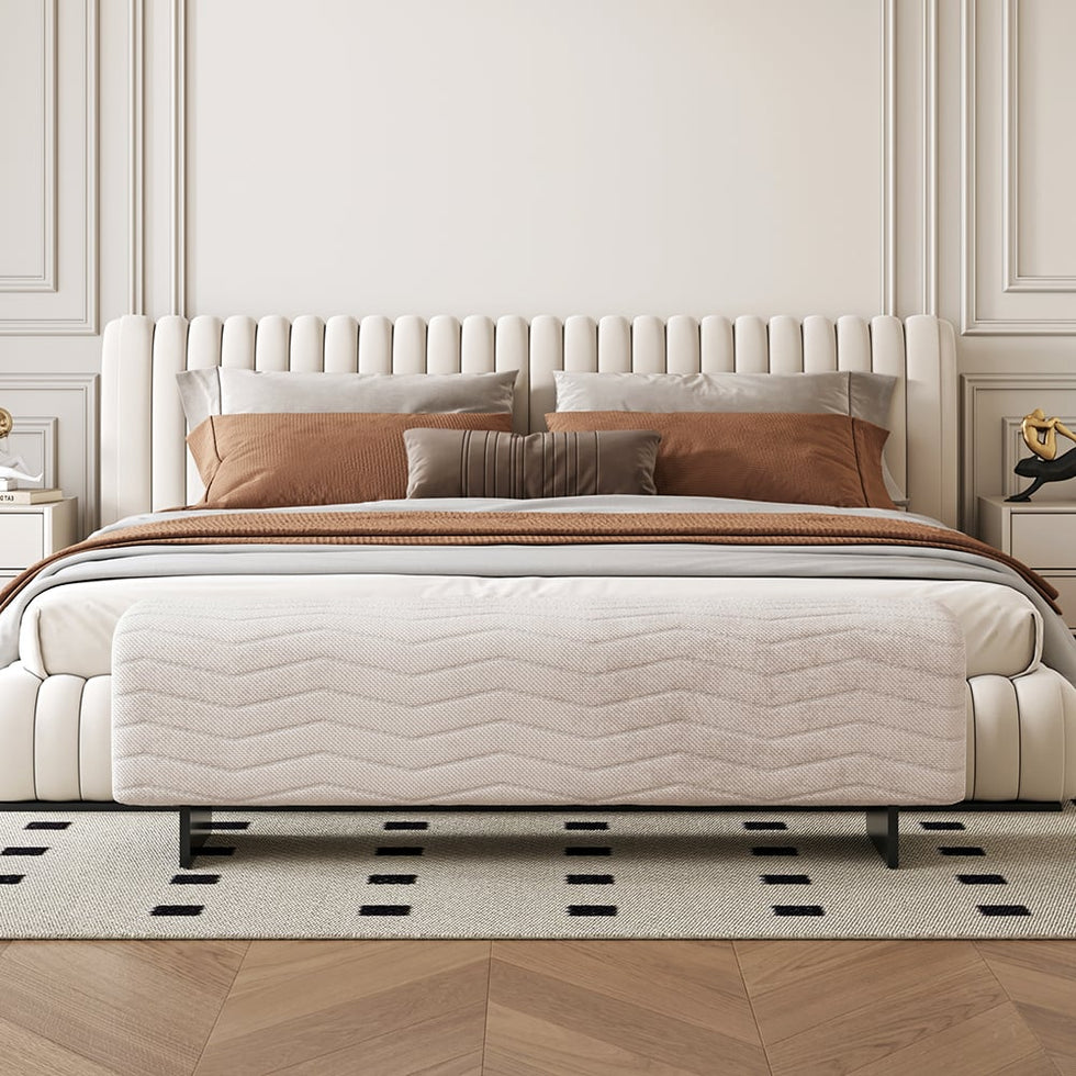 HMR - 57.5"W Modern Beige Knitted Velvet Upholstered Bedroom Bench with Stainless Steel Legs