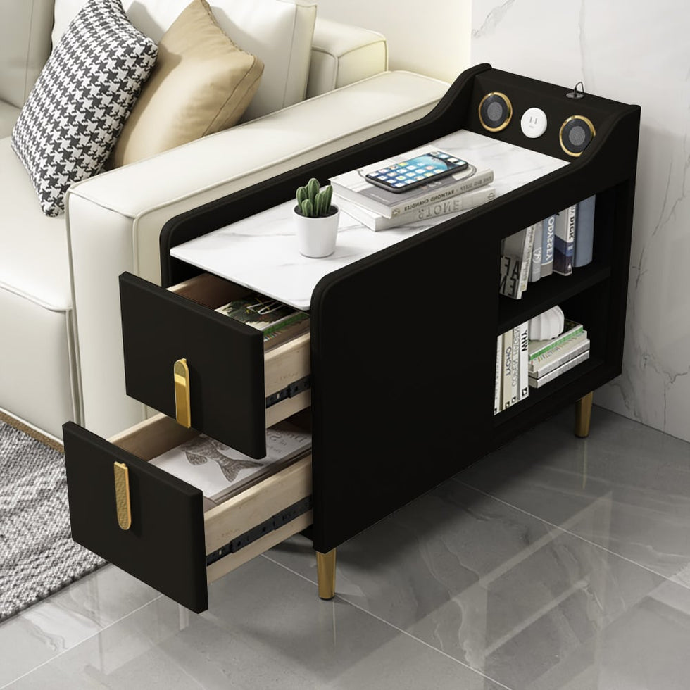 HMR - Modern Multifunctional Narrow Side Table Sintered Stone Top End Table Speaker & USB Port