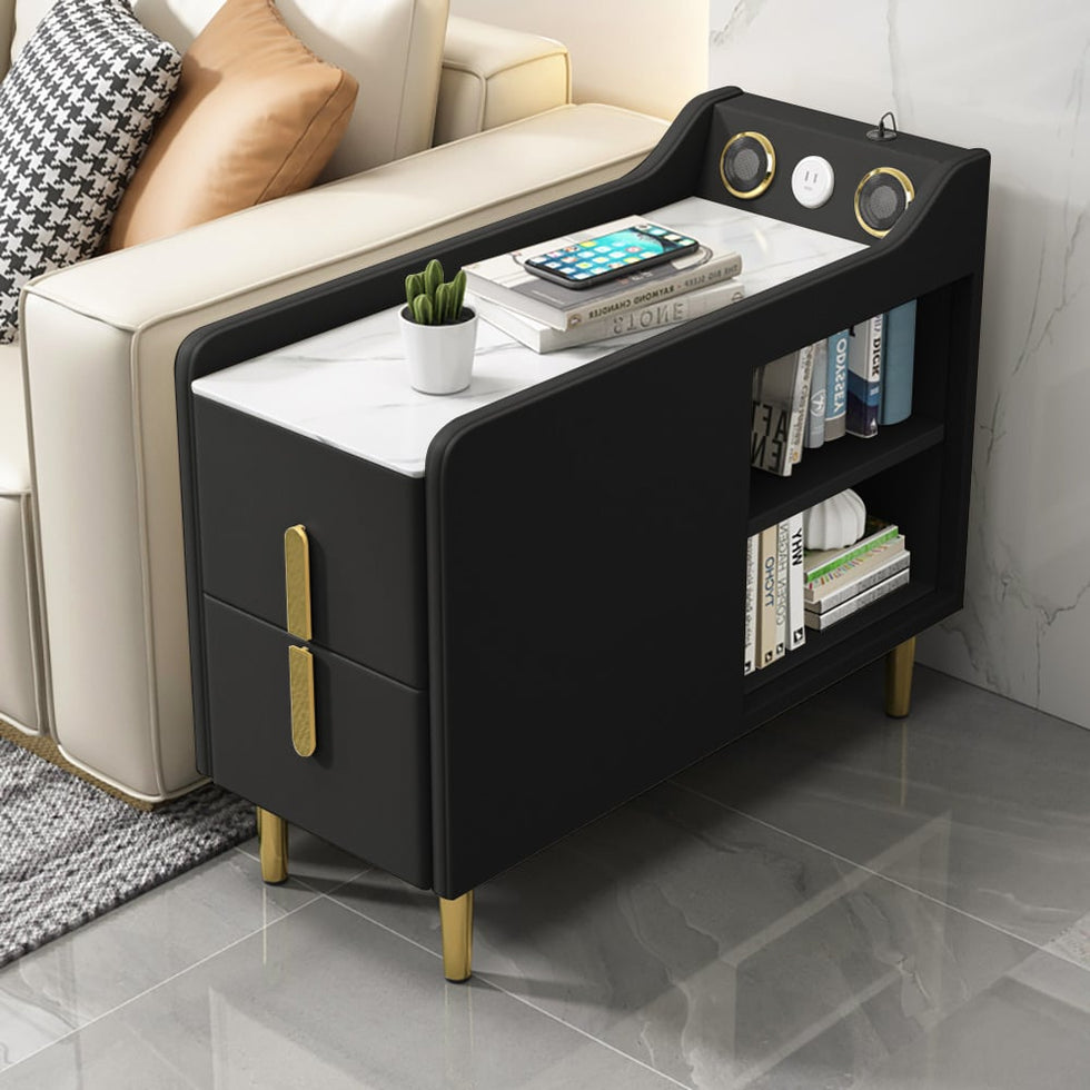 HMR - Modern Multifunctional Narrow Side Table Sintered Stone Top End Table Speaker & USB Port