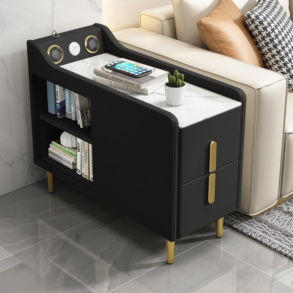 HMR - Modern Multifunctional Narrow Side Table Sintered Stone Top End Table Speaker & USB Port