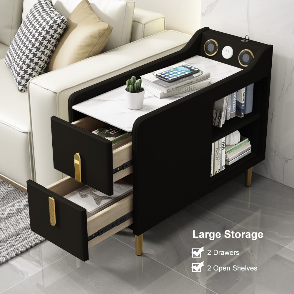 HMR - Modern Multifunctional Narrow Side Table Sintered Stone Top End Table Speaker & USB Port