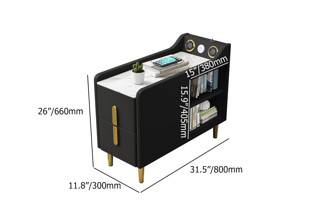 HMR - Modern Multifunctional Narrow Side Table Sintered Stone Top End Table Speaker & USB Port