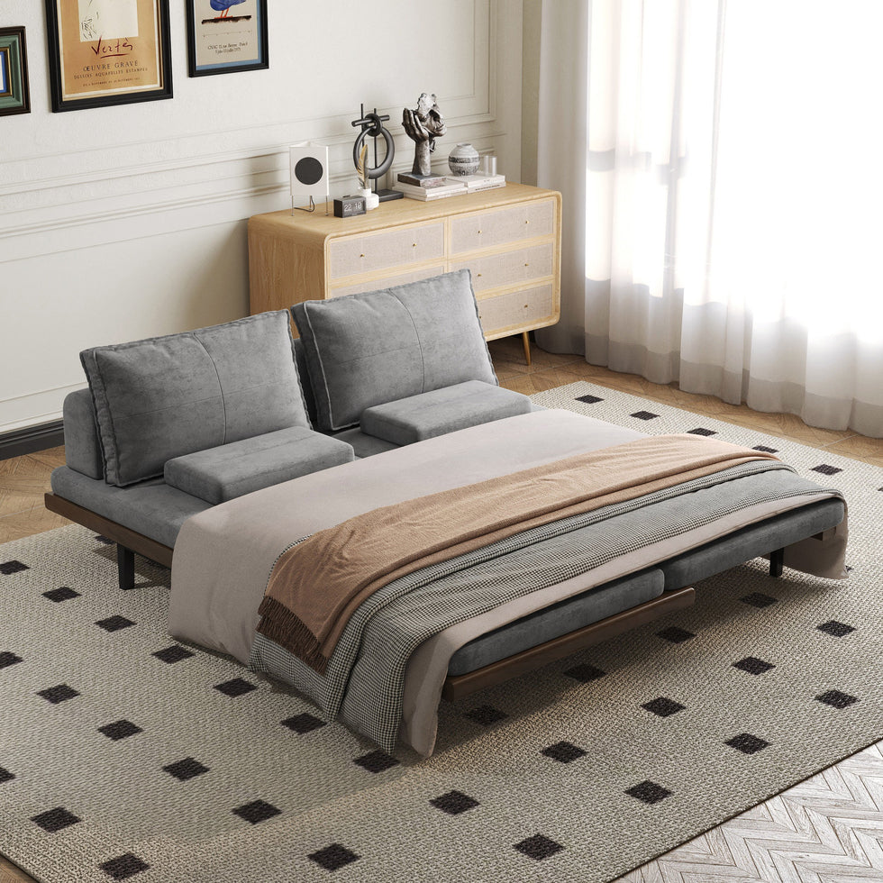 HMR - 79" Queen 3-Seater Linen Convertible Futon Bed with Pillows