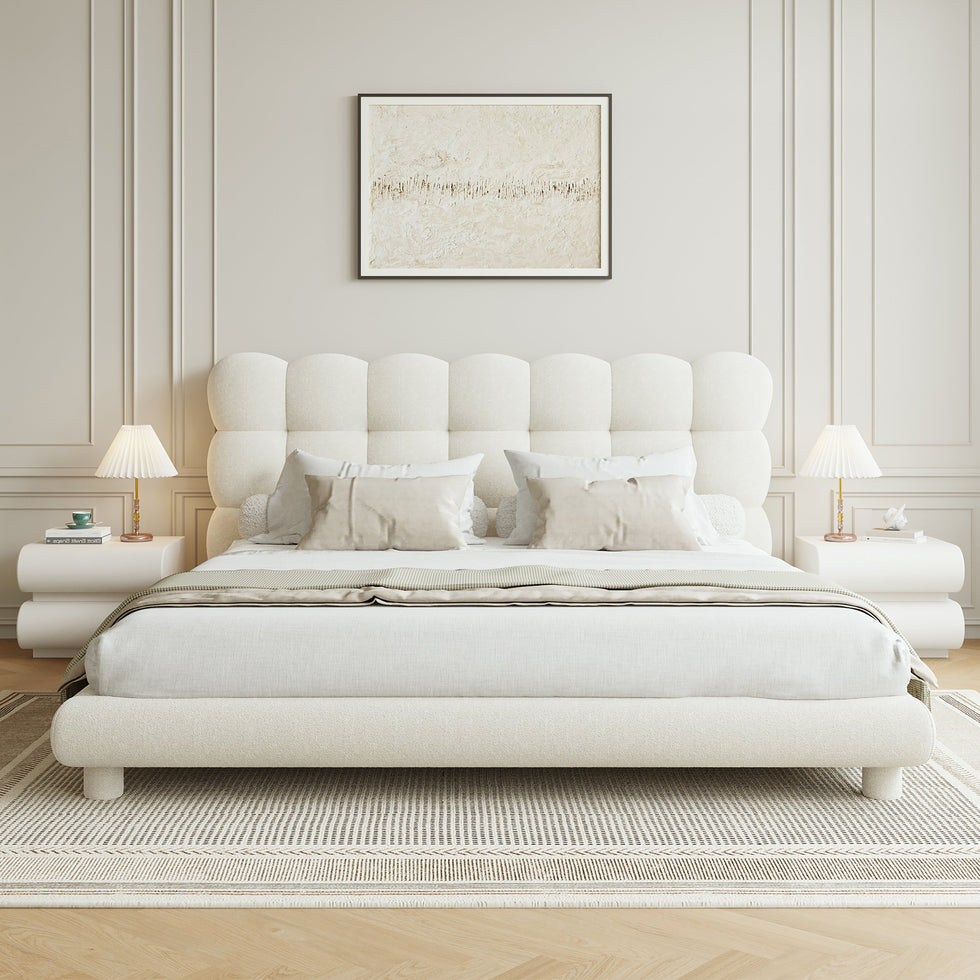 HMR - White Boucle Upholstered Platform Bubble Bed Frame