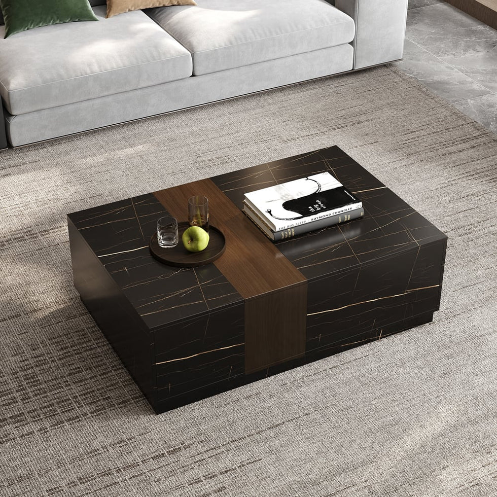 HMR - Vewal 47.2" Marble & Walnut Veneer Block Coffee Table with 2 Drawers