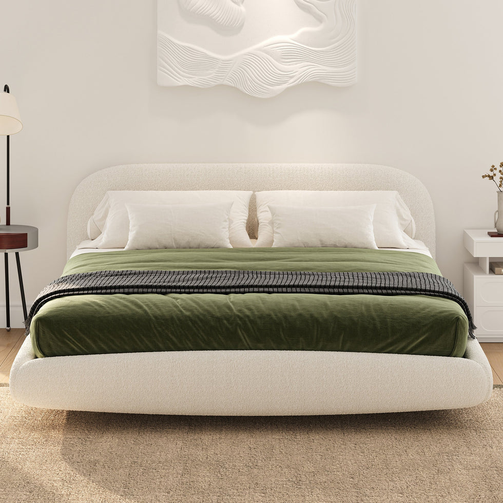 HMR - King Size Boucle Upholstered Floating Bed Frame with Light