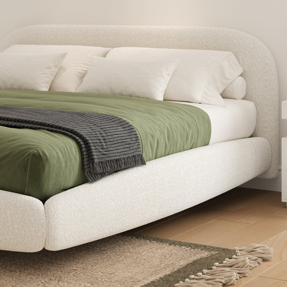 HMR - King Size Boucle Upholstered Floating Bed Frame with Light