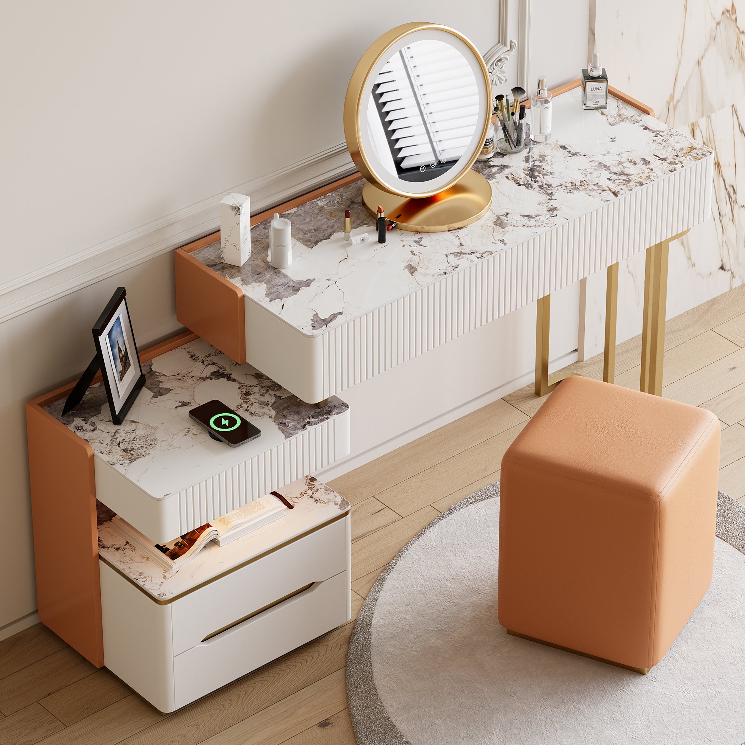 HMR - Vailora Modern Makeup Vanity Set with Charging Station Light Bluetooth Speakers