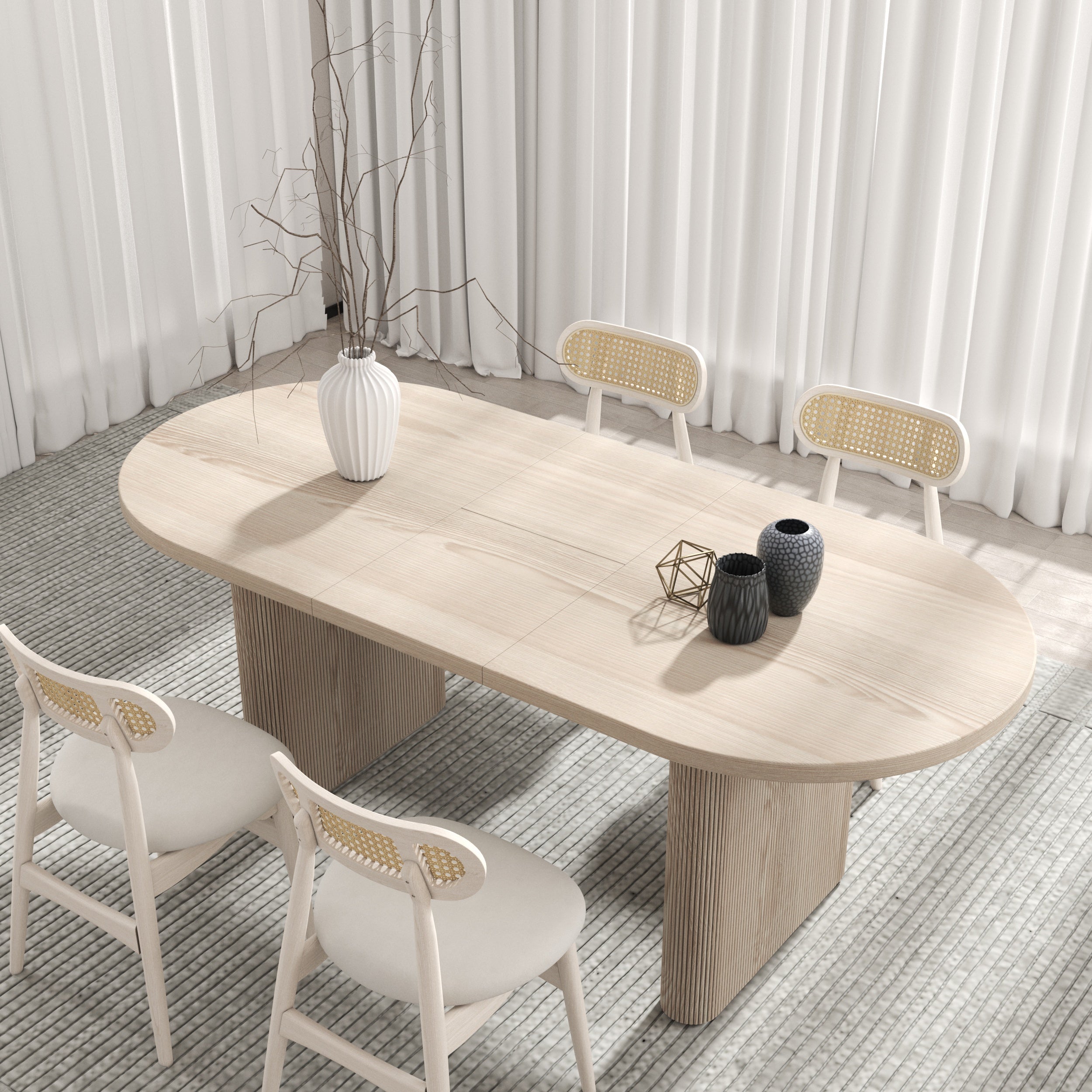 HMR - Dining Set 63"-79" Japandi Oval Extendable Dining Table Whitewash with Chairs