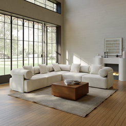 HMR - 110" 5-Piece Modular White Velvet L-Shape Sectional Sofa & Wooden Coffee Table