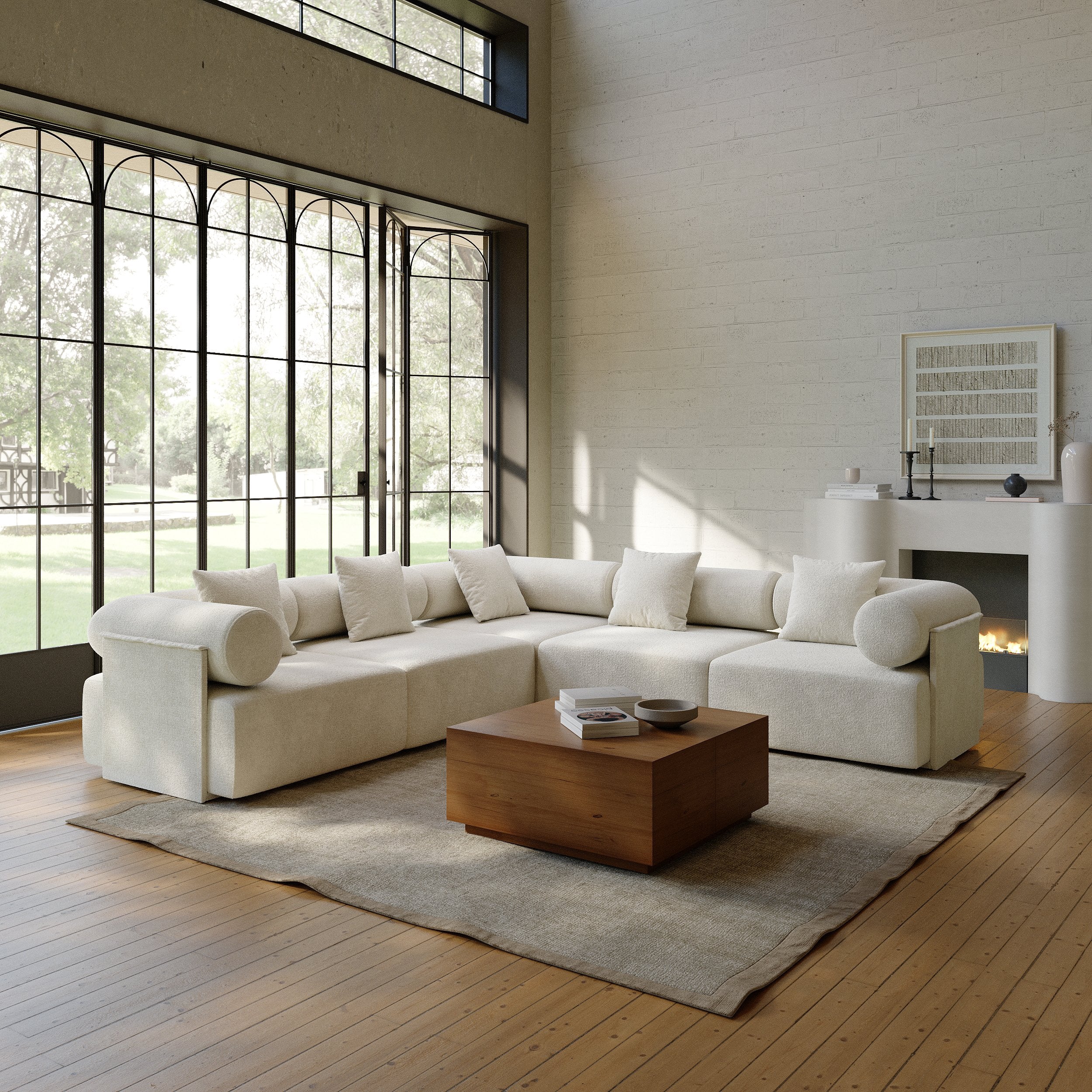 HMR - 110" 5-Piece Modular White Velvet L-Shape Sectional Sofa & Wooden Coffee Table