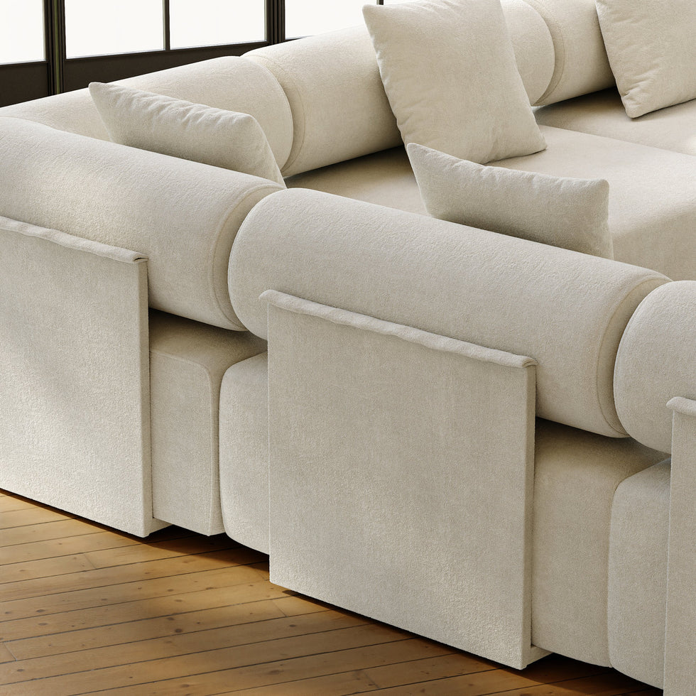 HMR - 110" 5-Piece Modular White Velvet L-Shape Sectional Sofa & Wooden Coffee Table
