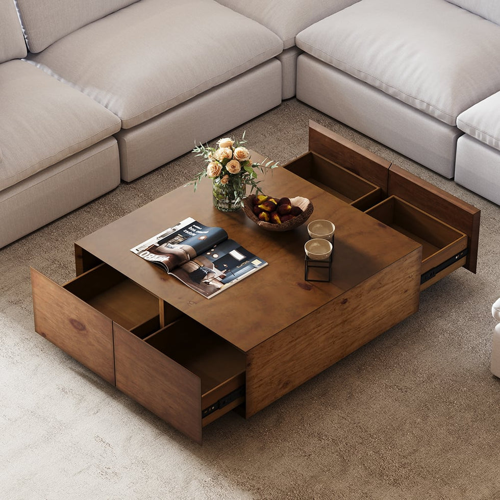 HMR - 110" 5-Piece Modular White Velvet L-Shape Sectional Sofa & Wooden Coffee Table
