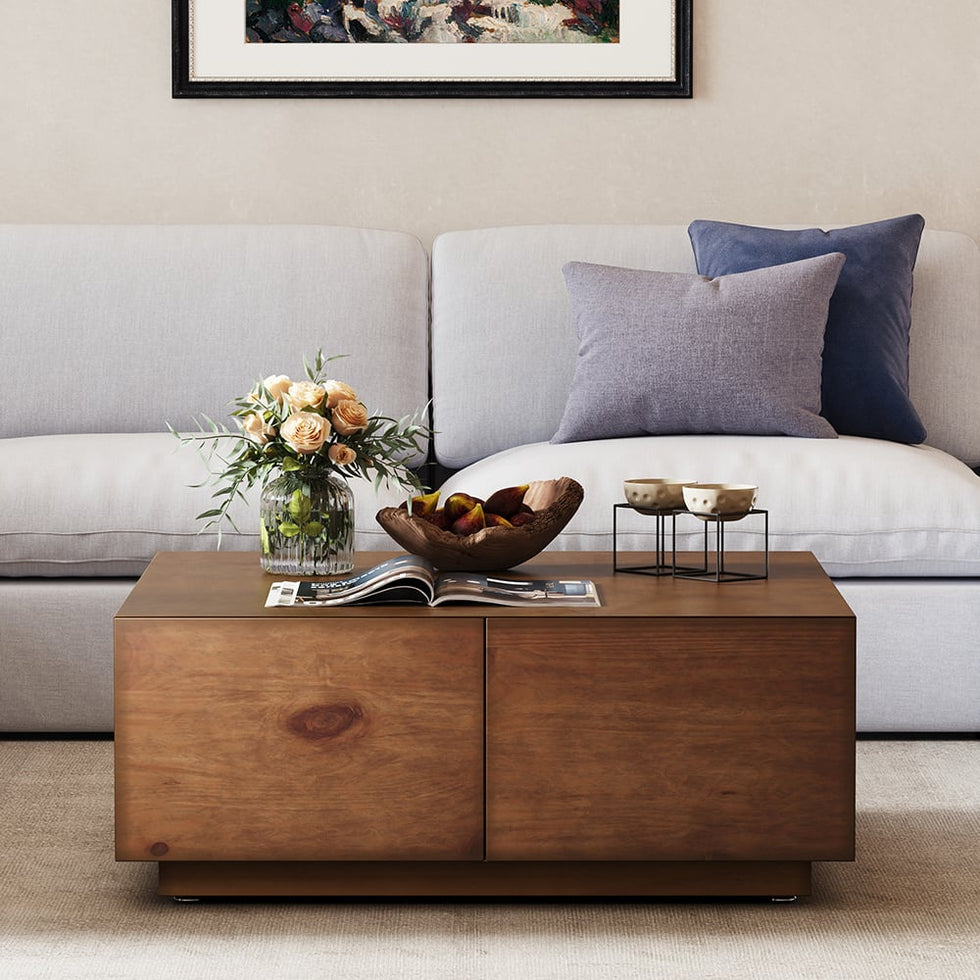 HMR - 110" 5-Piece Modular White Velvet L-Shape Sectional Sofa & Wooden Coffee Table