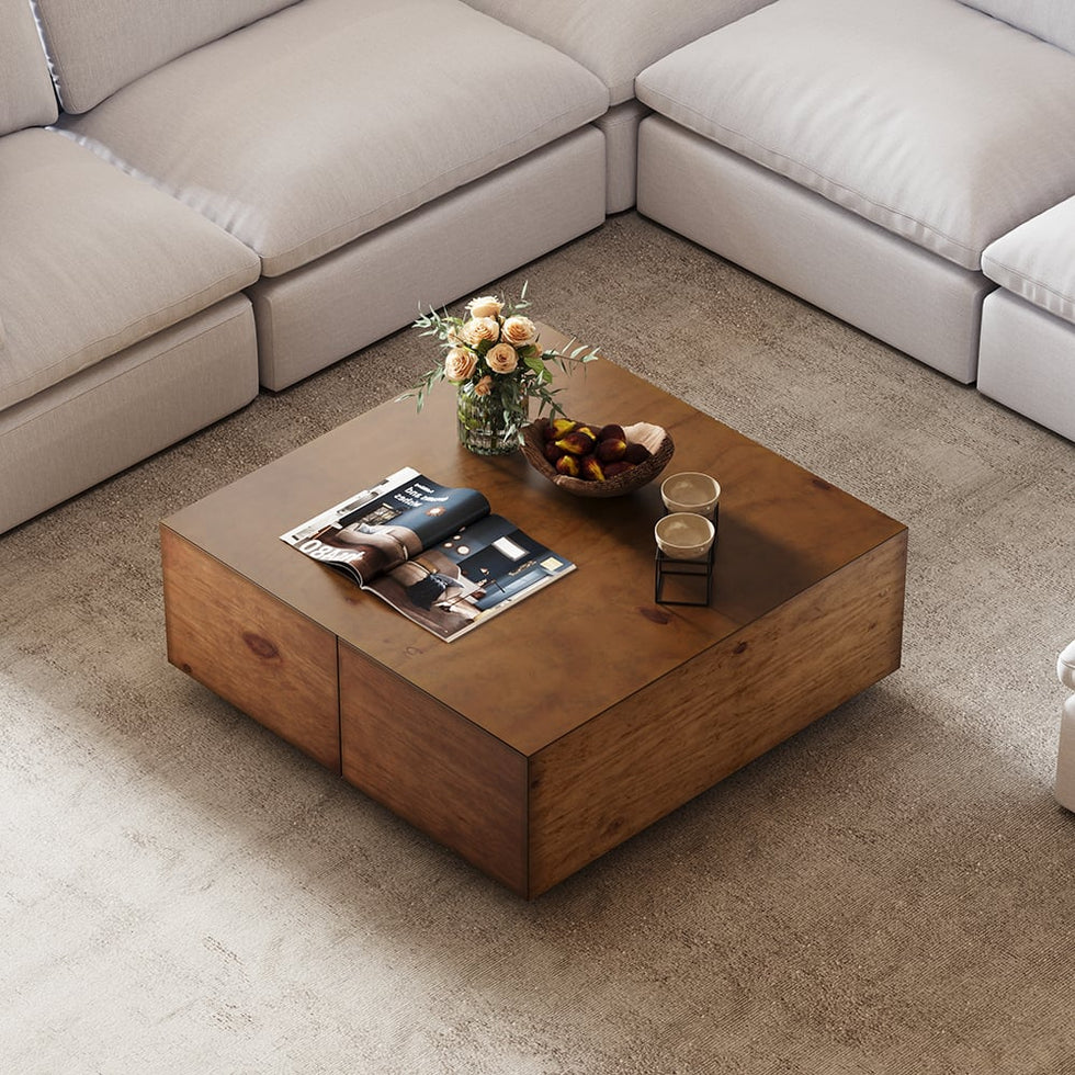 HMR - 110" 5-Piece Modular White Velvet L-Shape Sectional Sofa & Wooden Coffee Table
