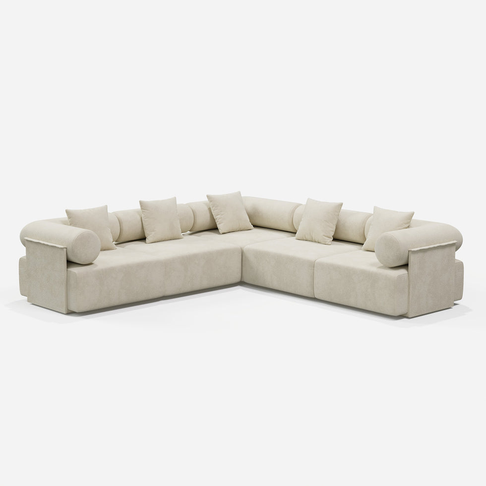 HMR - 110" 5-Piece Modular White Velvet L-Shape Sectional Sofa & Wooden Coffee Table