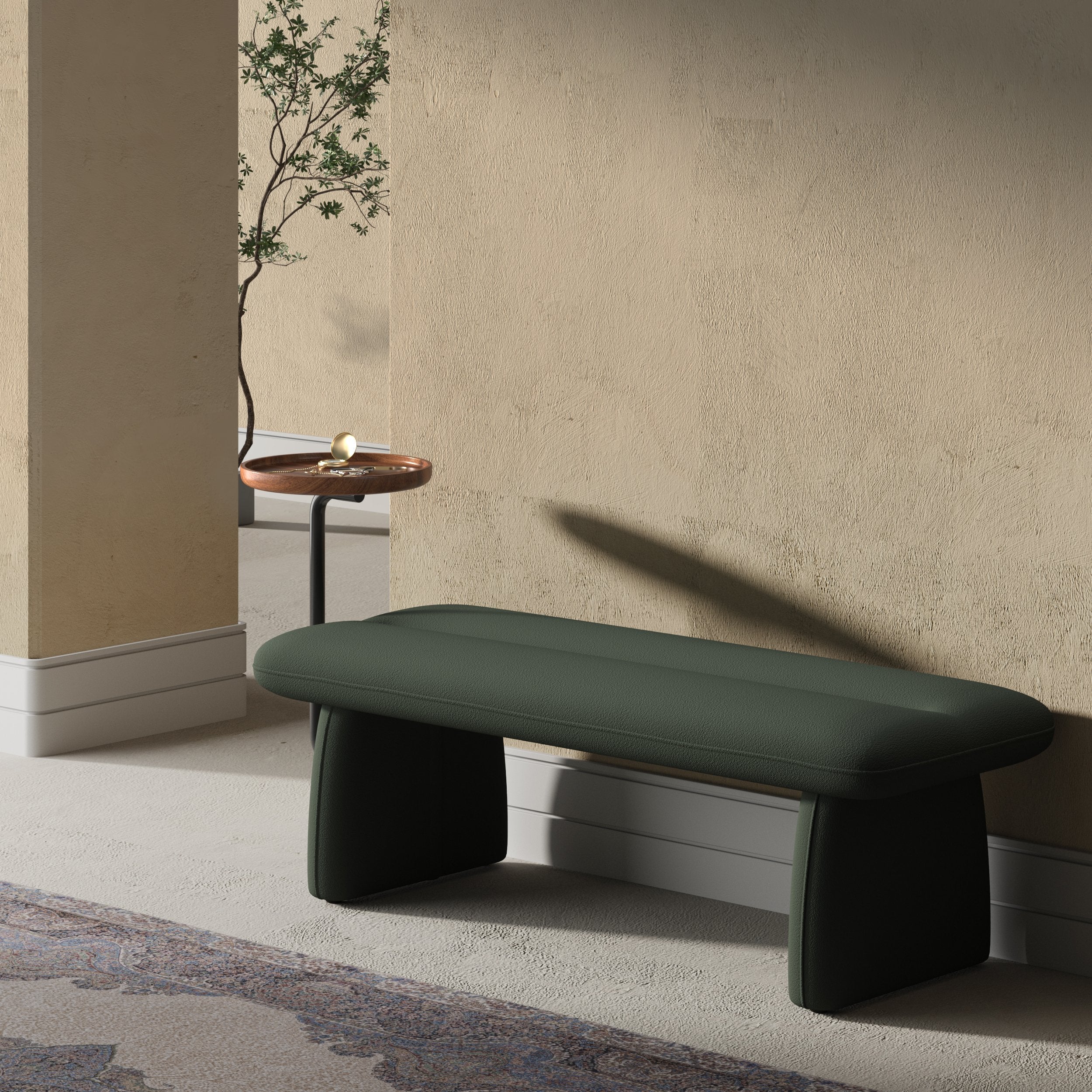 HMR - 54" Modern Green & Teak Entryway Bench with Tray