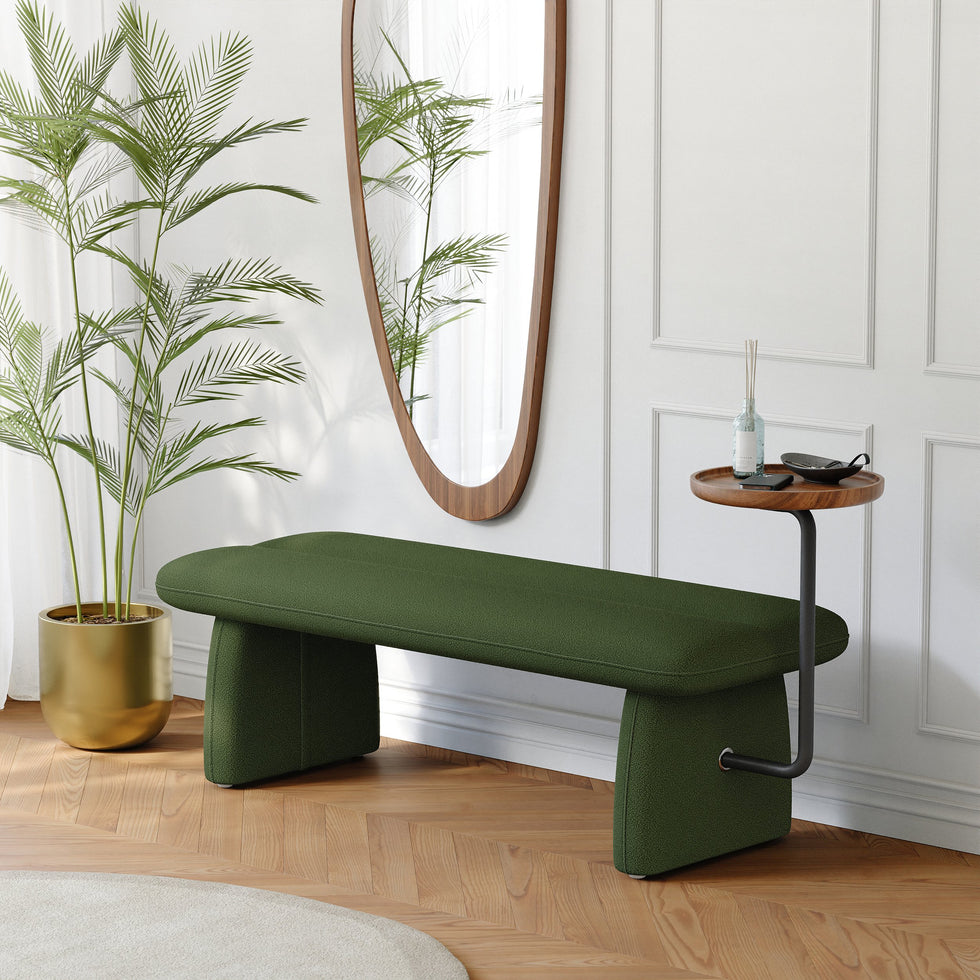 HMR - 54" Modern Green & Teak Entryway Bench with Tray