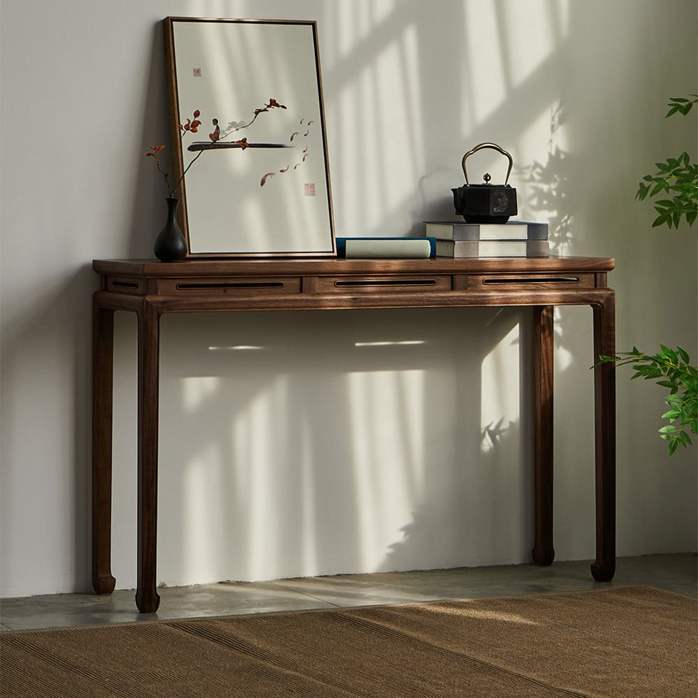HMR - 47.2" Mid Century Modern Console Table Walnut Solid Wood Entryway Table with 4 Legs