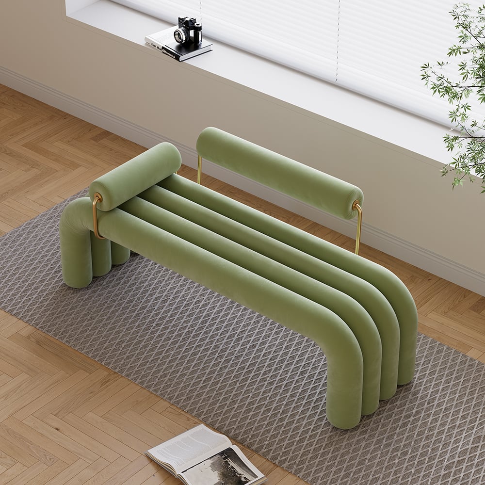HMR - Modern Line Tufted Bench Velvet Upholstered Entryway Bench in Gold Finish