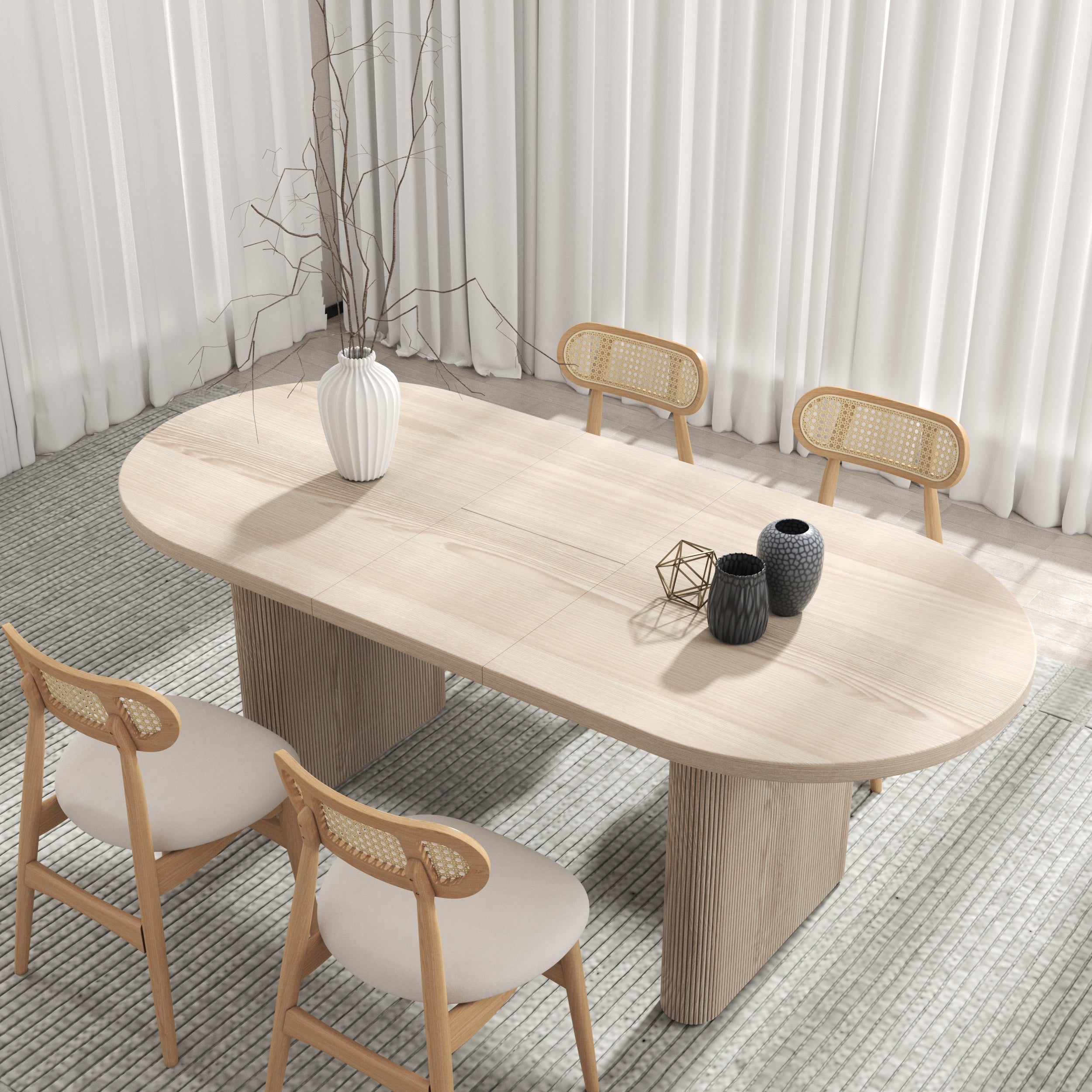 HMR - Dining Set 63"-79" Japandi Oval Extendable Dining Table Whitewash with Chairs