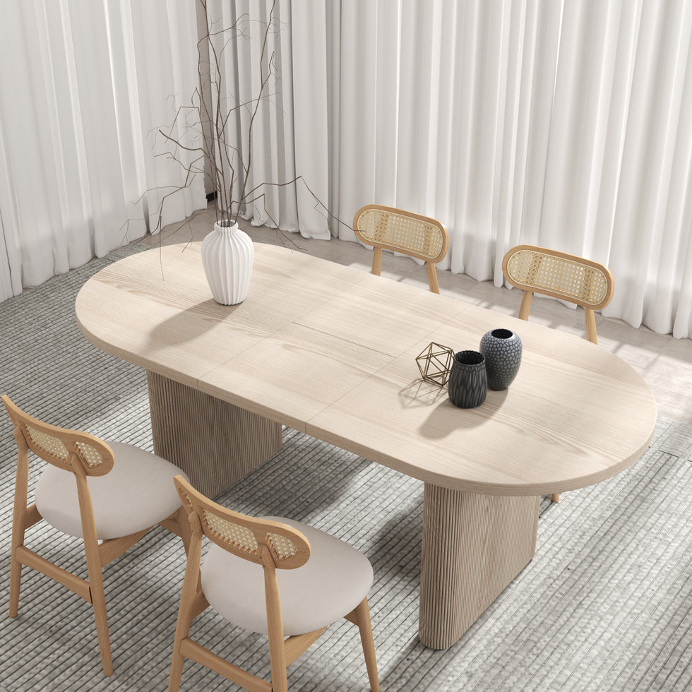 HMR - Dining Set 63"-79" Japandi Oval Extendable Dining Table Whitewash with Chairs