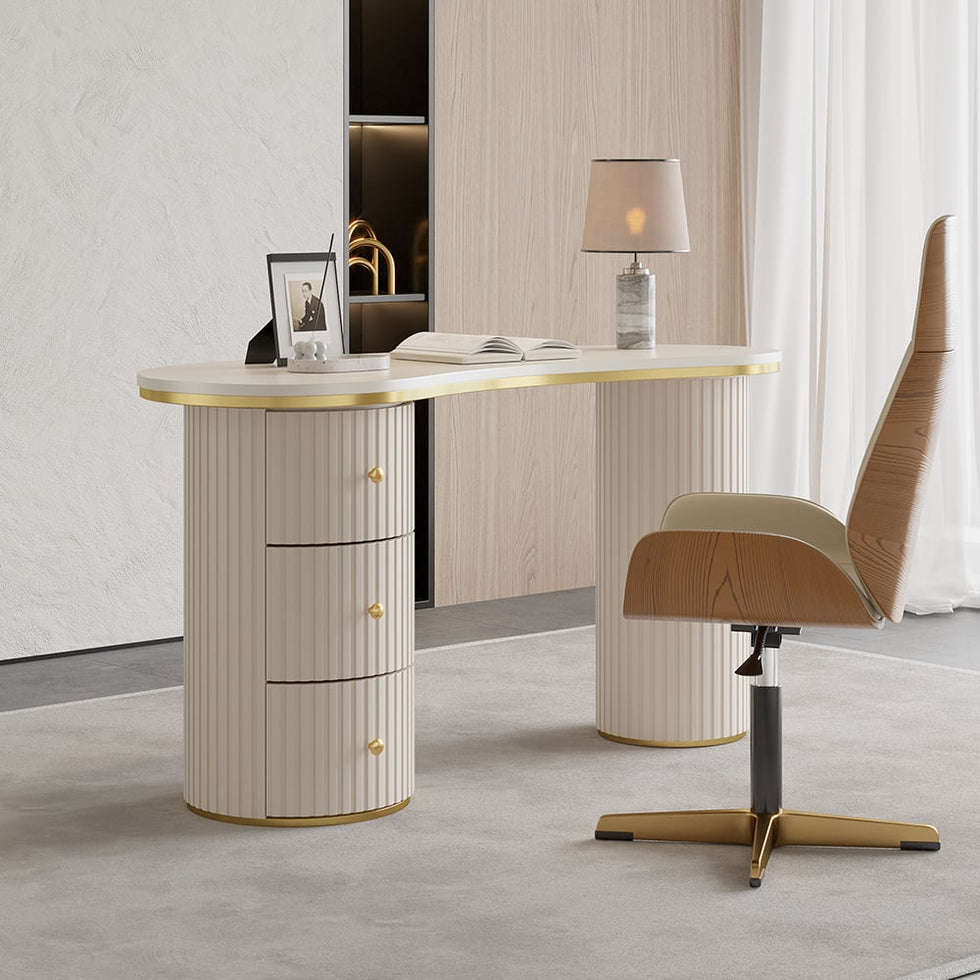 HMR - 55.1" Modern Curved Desk 3-Drawer Wooden Home Office Desk Double Pedestal