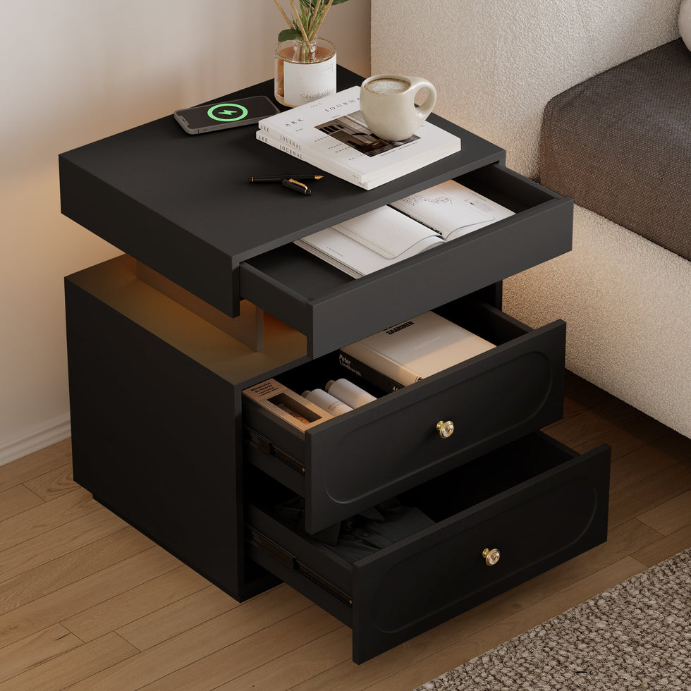 HMR - Floating 3-Drawer LED Smart Nightstand with Light