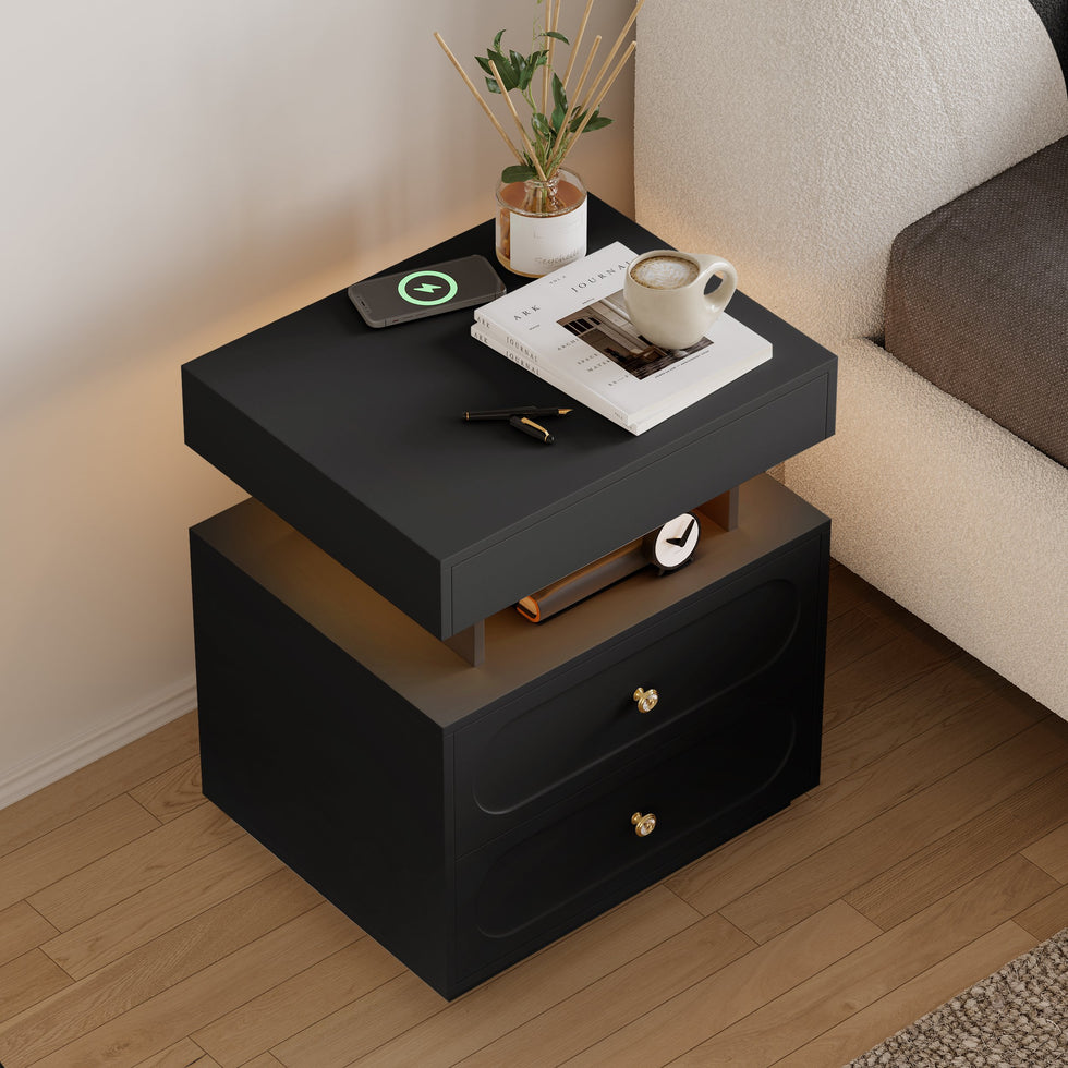 HMR - Floating 3-Drawer LED Smart Nightstand with Light