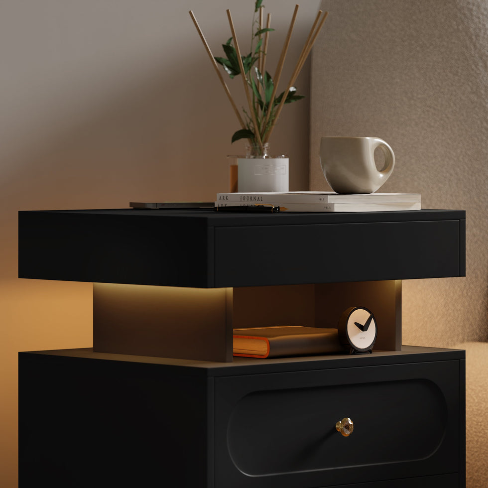 HMR - Floating 3-Drawer LED Smart Nightstand with Light