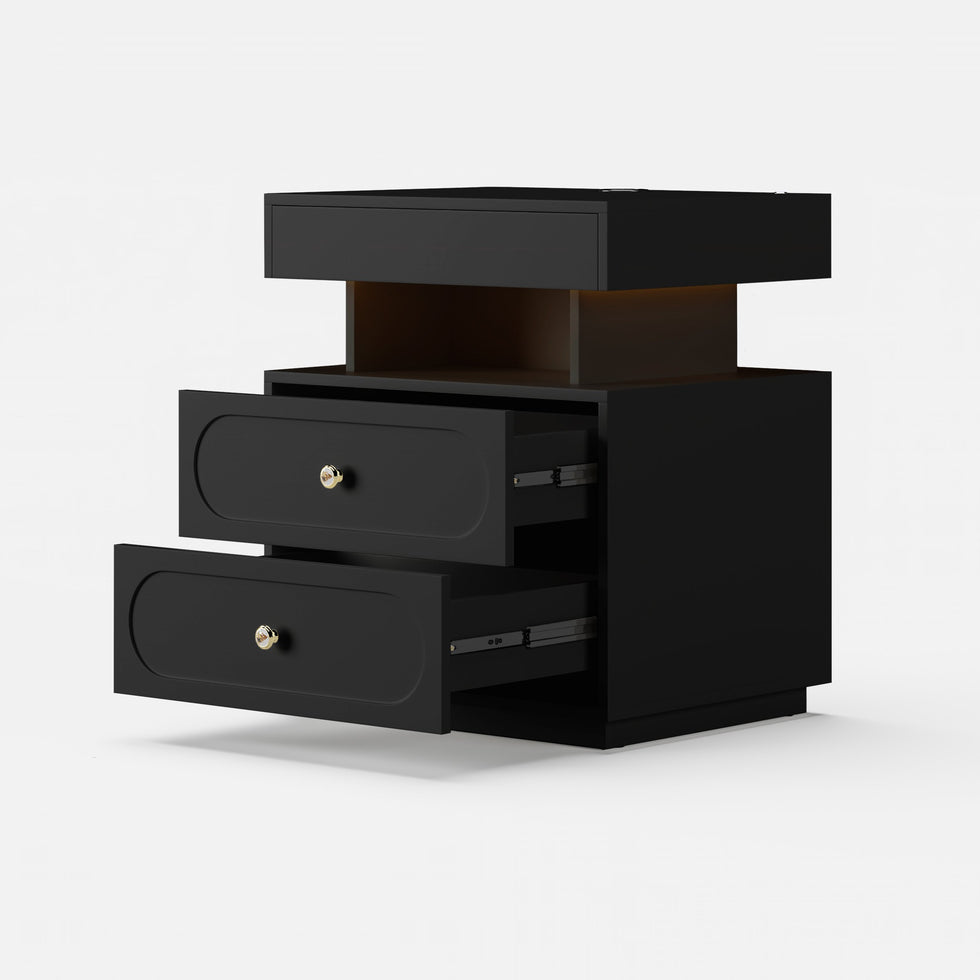 HMR - Floating 3-Drawer LED Smart Nightstand with Light