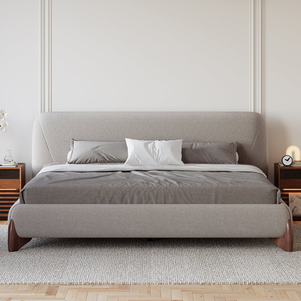 HMR - Curva Boucle Upholstered Platform Bed with Walnut Legs