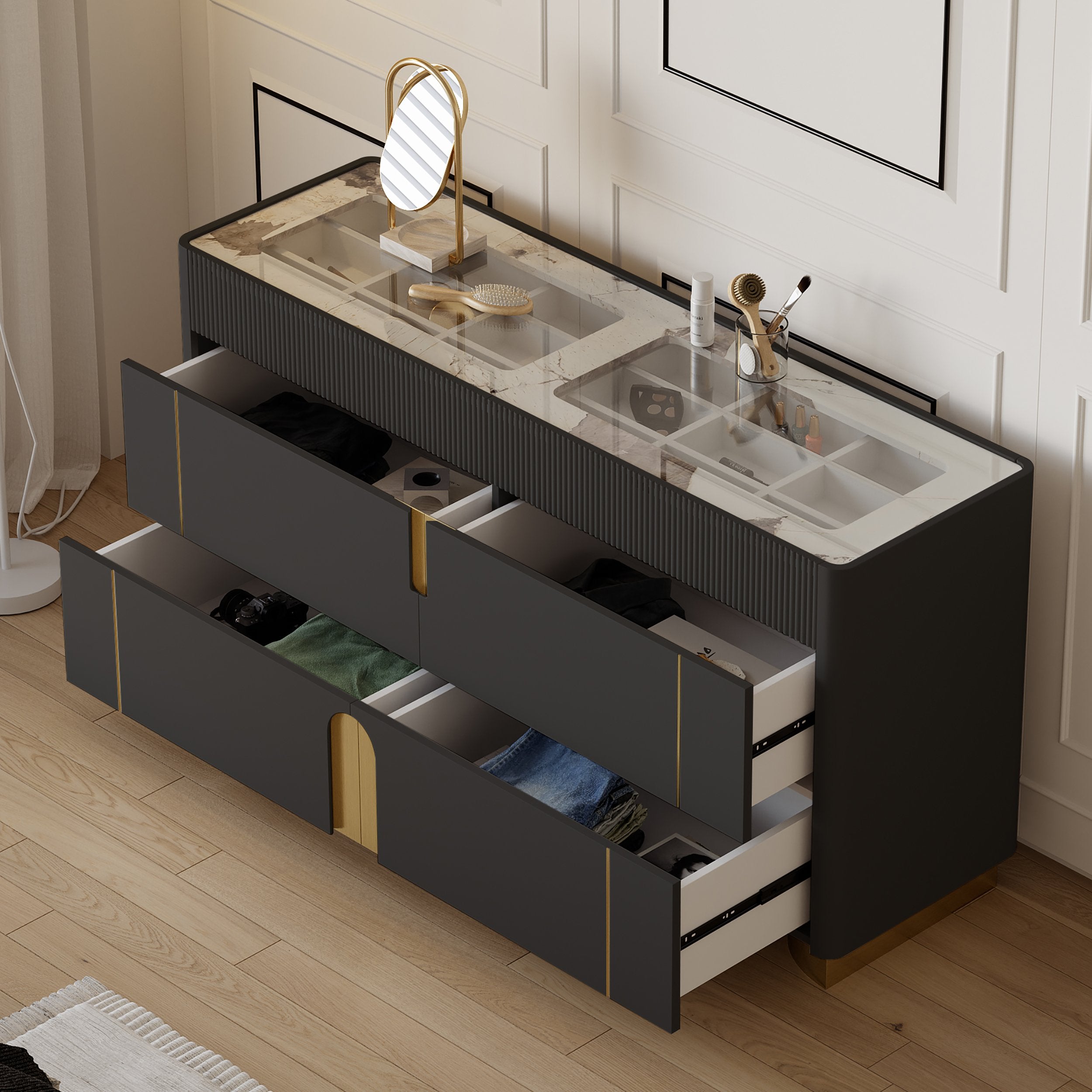 HMR - Artus 59"W 6 Drawer Dresser Glass Top Closet Island with Jewelry Display Storage