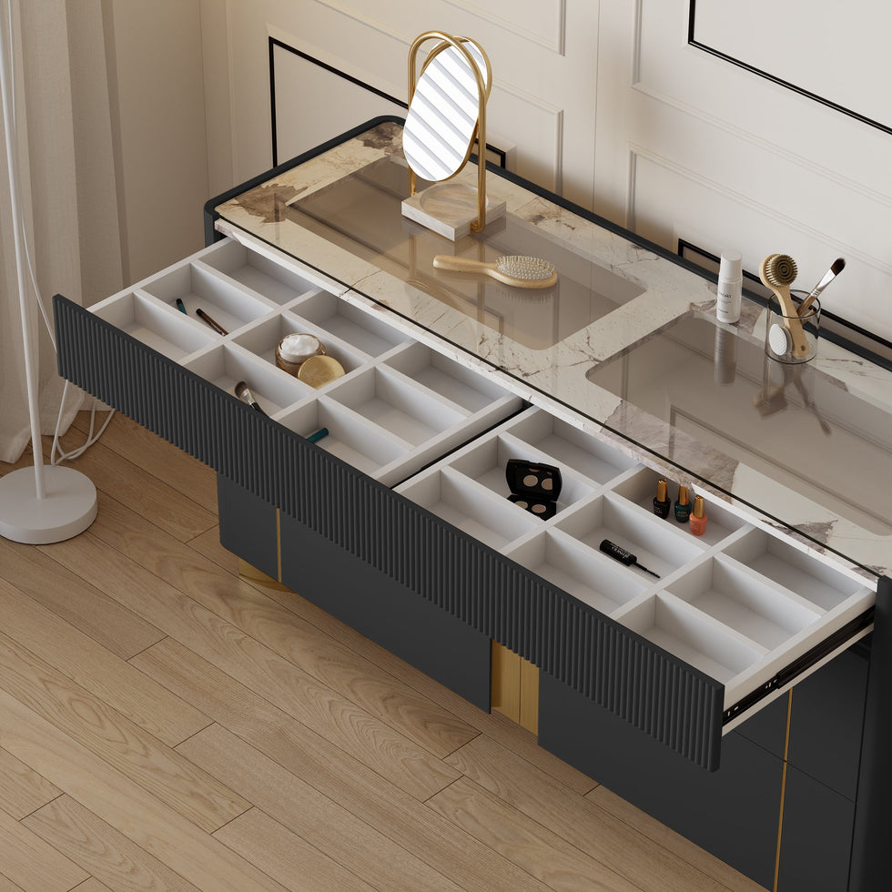 HMR - Artus 59"W 6 Drawer Dresser Glass Top Closet Island with Jewelry Display Storage