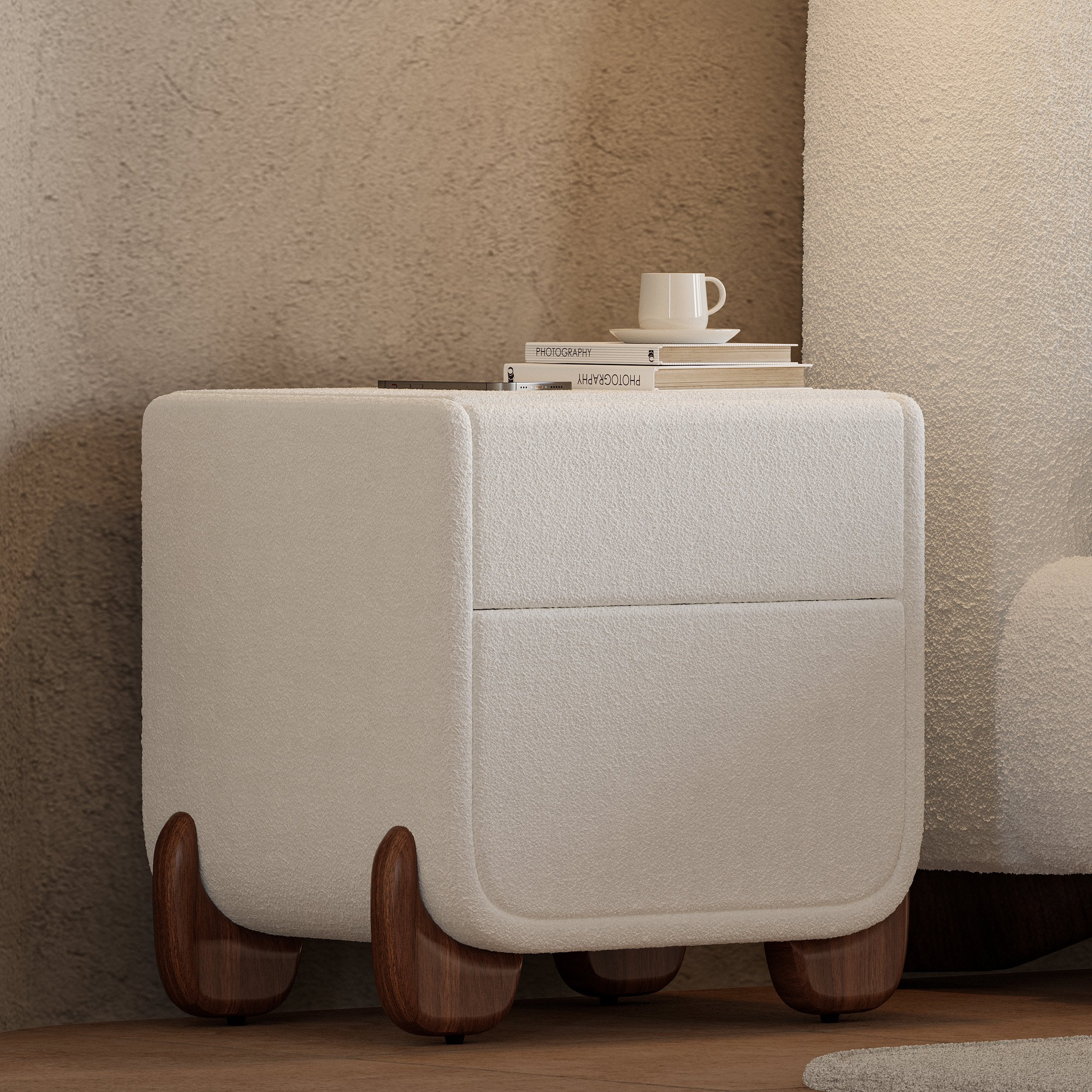 HMR - Curva 2-Drawer Smart Boucle Nightstand with Wood Legs