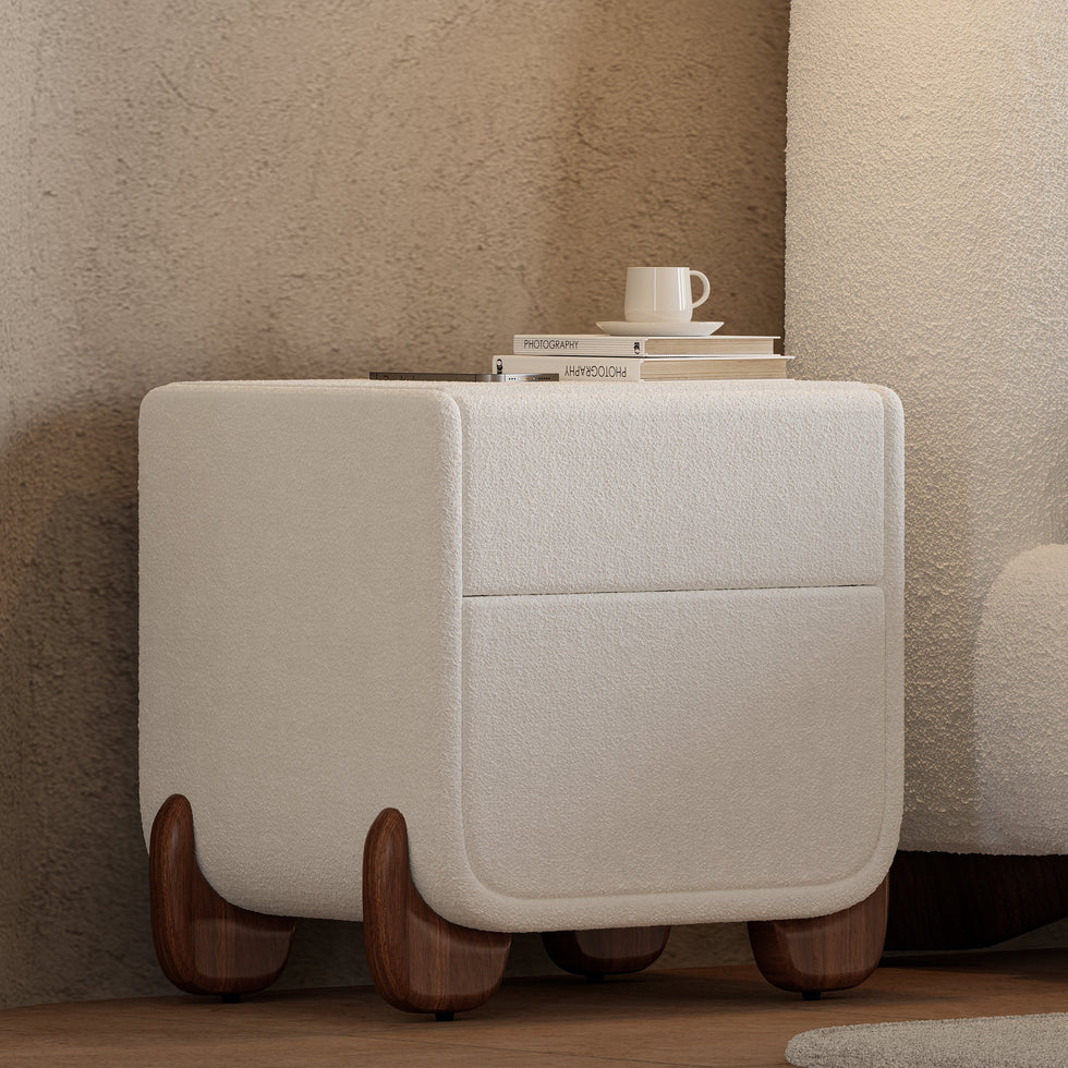 HMR - Curva 2-Drawer Smart Boucle Nightstand with Wood Legs