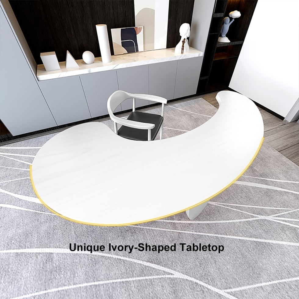 HMR - 55.1" Modern White Curved Desk Wooden Home Office Desk with 3 Oval Legs