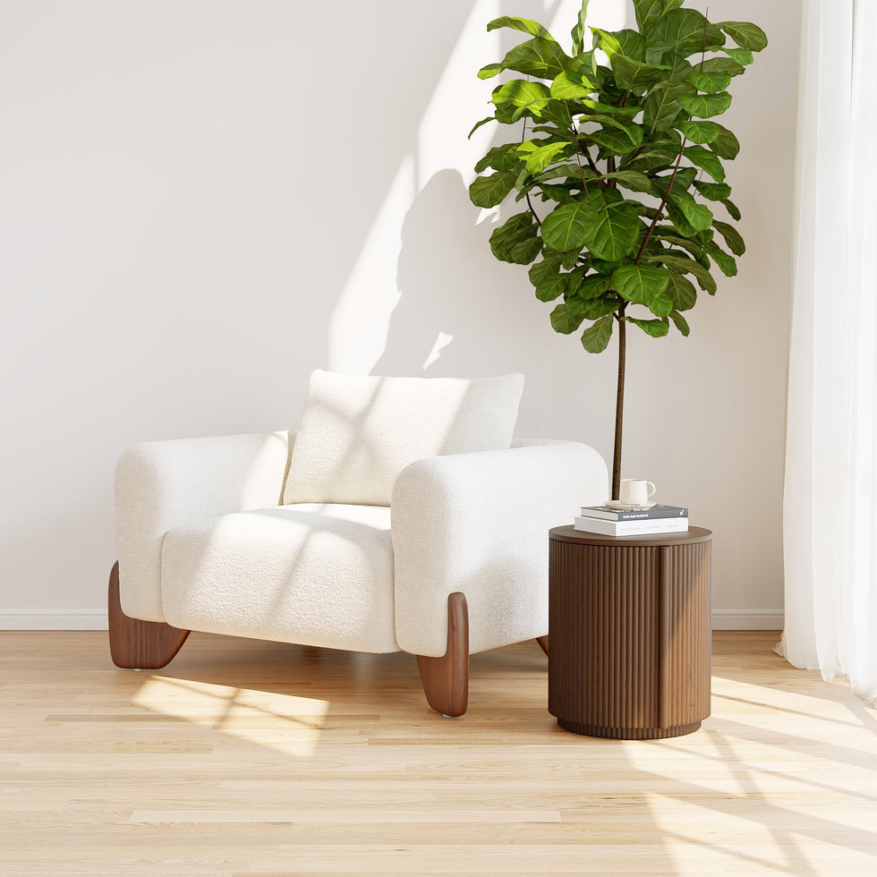 HMR - Round Plywood Walnut Fluted Side Table with Storage