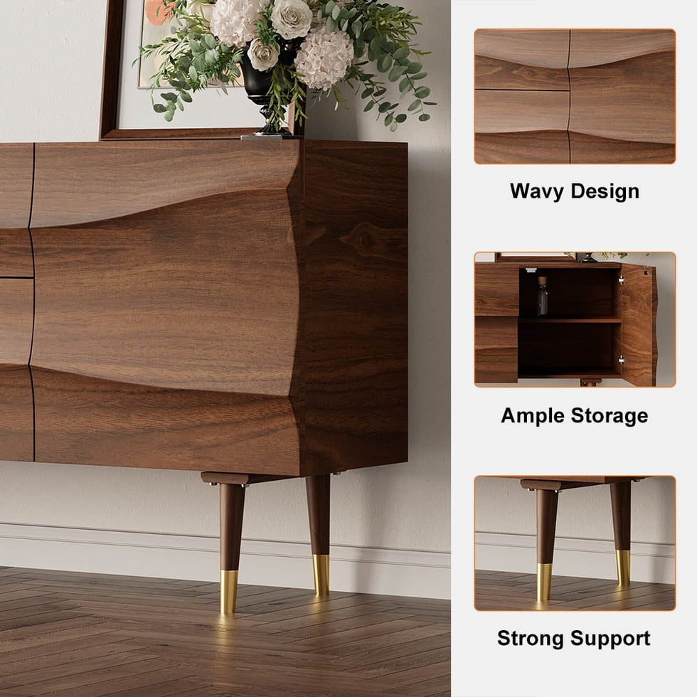 HMR - Lake 71" Walnut Sideboard Credenza with Storage Buffet Kitchen Cabinet Wavy Mid-Century