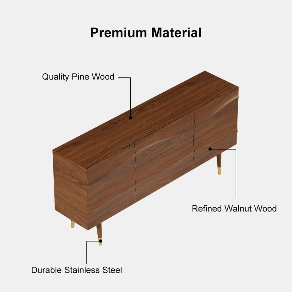 HMR - Lake 71" Walnut Sideboard Credenza with Storage Buffet Kitchen Cabinet Wavy Mid-Century