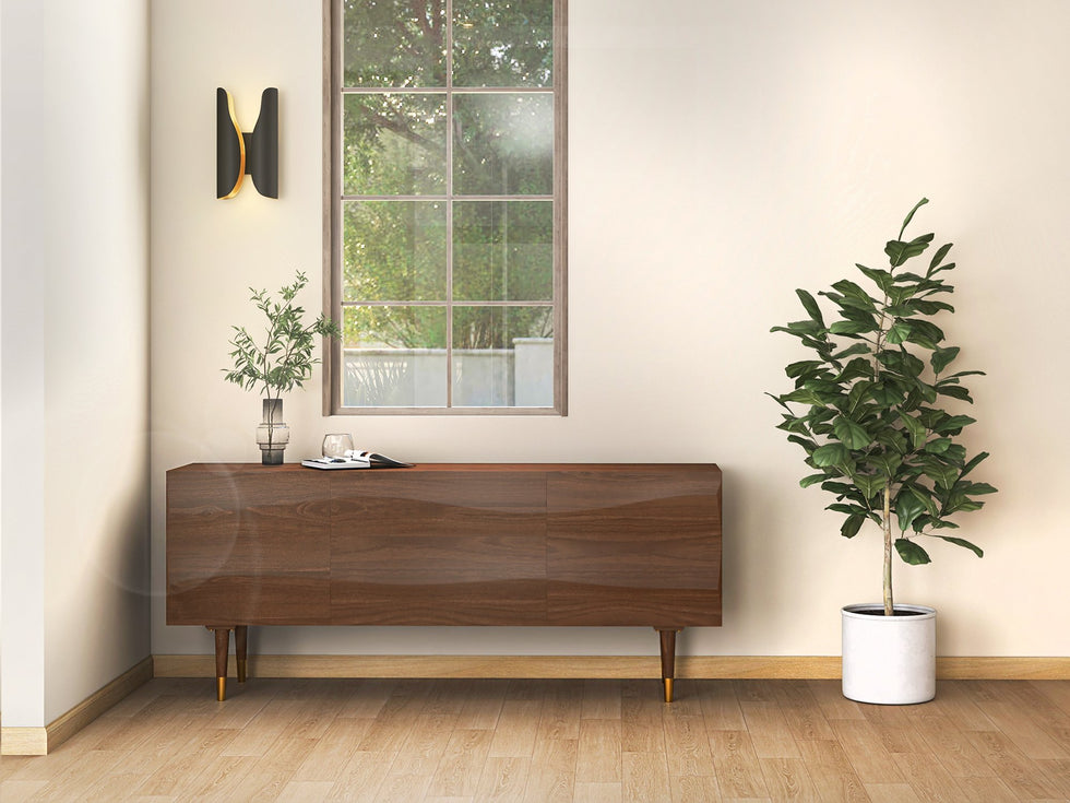 HMR - Lake 71" Walnut Sideboard Credenza with Storage Buffet Kitchen Cabinet Wavy Mid-Century